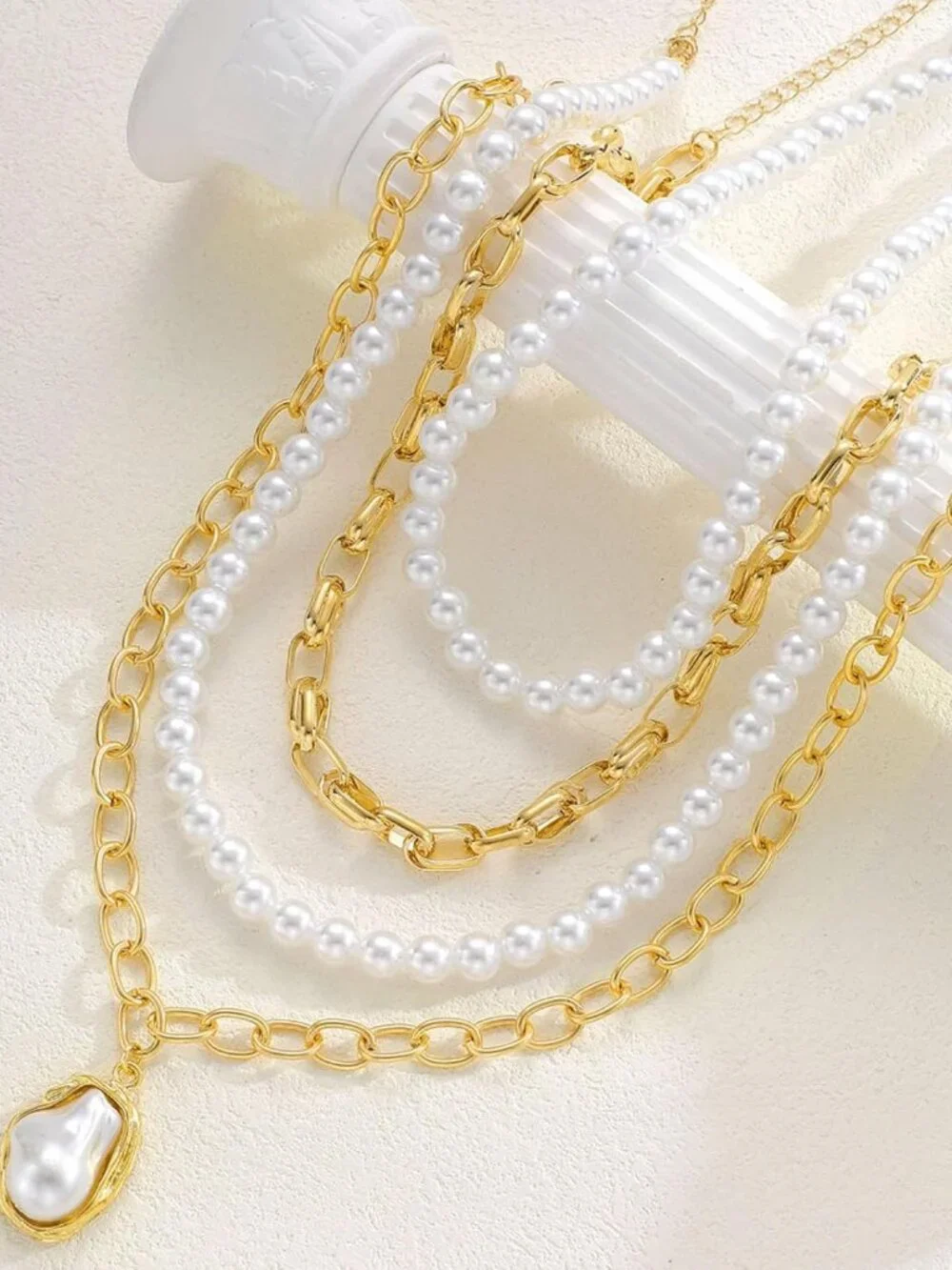 New Women's Gold Layered Chain Necklace Baroque Pearl Pendant Stack Choker